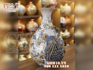 Bình tỳ bà men rạn đặp nổi Phú Quý Trường Thọ, cao 62cm