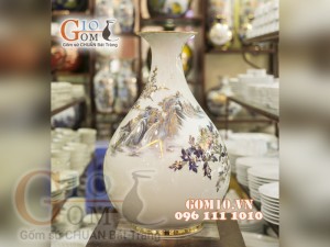Bình tỳ bà vẽ Vàng cao cấp men rong cổ vẽ Công Đào, cao 70cm