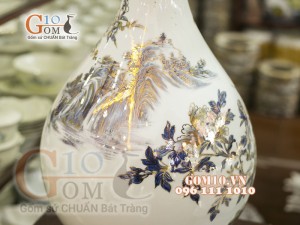Bình tỳ bà vẽ Vàng cao cấp men rong cổ vẽ Công Đào, cao 70cm