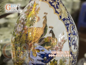 Bình tỳ bà vẽ Vàng cao cấp men rong cổ vẽ Công Hoa Phú Quý, cao 70cm