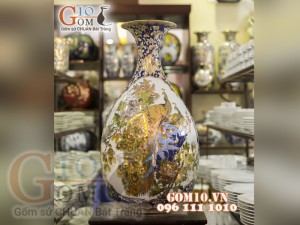 Bình tỳ bà vẽ Vàng cao cấp men rong cổ vẽ Công Hoa Phú Quý, cao 70cm