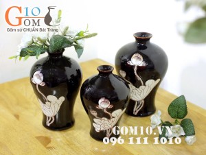 bộ  ba bình đùi dế men sơn sắc khắc sen nâu