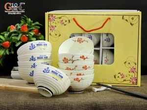 Bộ 10 bát cơm men kem vẽ hoa đào đỏ, in logo