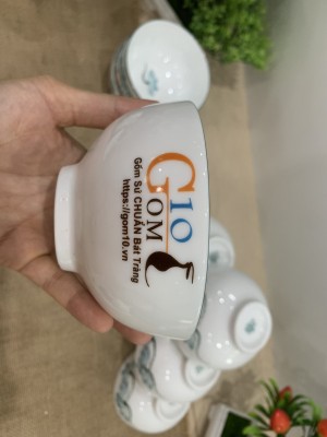 Bộ 10 bát cơm men trắng vẽ Sen xanh, in logo Gốm 10
