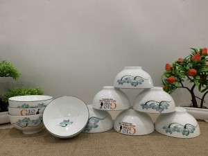 Bộ 10 bát cơm men trắng vẽ Sen xanh, in logo Gốm 10