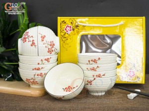 Bộ 10 bát cơm vân sóng men kem vẽ hoa Đào đỏ