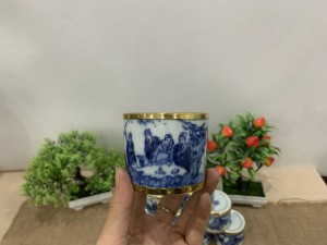 Bộ 10 chén tích lớn men lam cổ bọc đồng, vẽ trúc lâm thất hiền