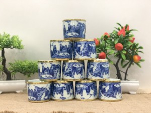 Bộ 10 chén tích lớn men lam cổ bọc đồng, vẽ trúc lâm thất hiền