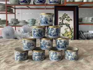 Bộ 12 chén tích nhỏ men rạn bọc đồng cảnh sơn thủy, cao 5cm