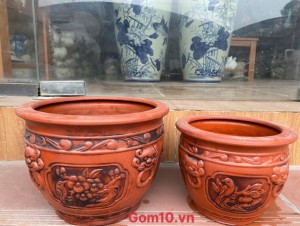 Bộ 2 chậu tròn khắc nổi họa tiết công đào, đường kính 29cm và 22cm