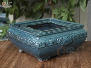 Bộ 2 chậu vuông men hỏa biến khắc nổi, 32x32cm