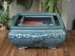 Bộ 2 chậu vuông men hỏa biến khắc nổi, 32x32cm