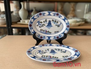 Bộ 2 đĩa bầu dục vẽ cảnh Hà Nội, 25x18cm