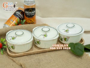 Bộ 3 bát nắp men kem vẽ đài Sen, 11cm