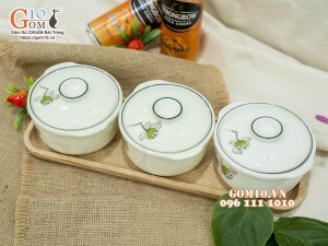 Bộ 3 bát nắp men kem vẽ đài Sen, 11cm