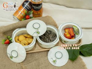 Bộ 3 bát nắp men kem vẽ đài Sen, 11cm