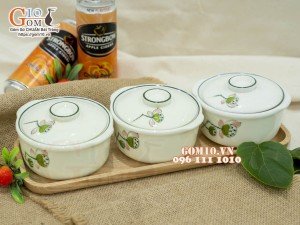 Bộ 3 bát nắp men kem vẽ đài Sen, 11cm