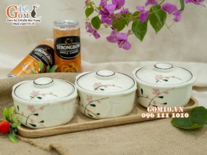 Bộ 3 bát nắp men kem vẽ hoa Đào phai, 11cm