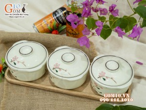 Bộ 3 bát nắp men kem vẽ hoa Đào phai, 11cm