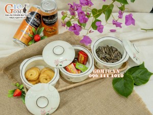 Bộ 3 bát nắp men kem vẽ hoa Đào phai, 11cm