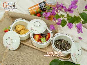 Bộ 3 bát nắp men kem vẽ hoa Đào phai, 11cm