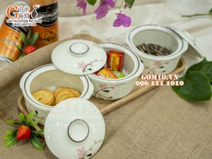 Bộ 3 bát nắp men kem vẽ hoa Đào phai, 11cm