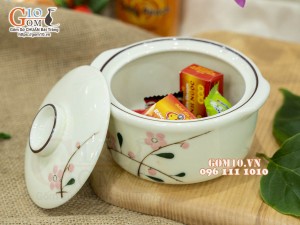 Bộ 3 bát nắp men kem vẽ hoa Đào phai, 11cm