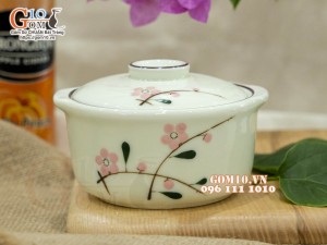 Bộ 3 bát nắp men kem vẽ hoa Đào phai, 11cm