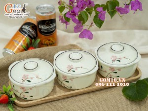 Bộ 3 bát nắp men kem vẽ hoa Đào phai, 11cm