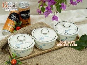 Bộ 3 bát nắp men kem vẽ hoa Đào xanh, 11cm
