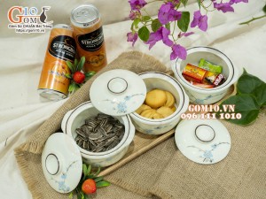 Bộ 3 bát nắp men kem vẽ hoa Đào xanh, 11cm