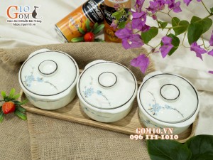 Bộ 3 bát nắp men kem vẽ hoa Đào xanh, 11cm