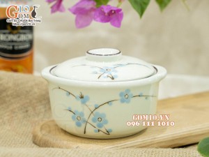 Bộ 3 bát nắp men kem vẽ hoa Đào xanh, 11cm