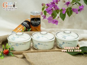 Bộ 3 bát nắp men kem vẽ hoa Đào xanh, 11cm