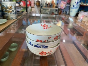 Bộ 3 bát cơm men kem vẽ hoa đào đỏ, in logo dư
