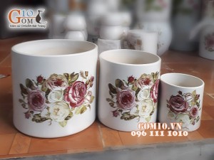 Bộ 3 chậu cây dáng đứng vẽ hoa hồng 5 bông