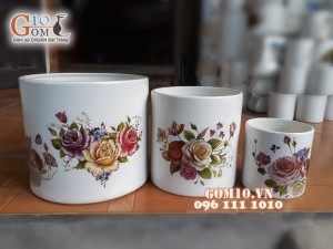 Bộ 3 chậu cây dáng đứng vẽ hoa hồng