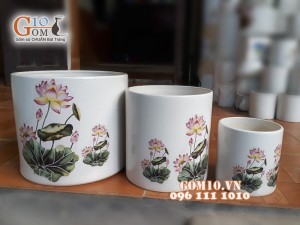 Bộ 3 chậu cây dáng đứng vẽ hoa sen