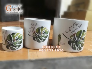 Bộ 3 chậu cây dáng đứng vẽ lá