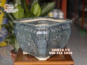 Bộ 3 chậu cây dáng vuông men hoả biến xanh đá, miệng chậu 41cm