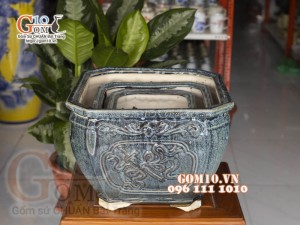 Bộ 3 chậu cây dáng vuông men hoả biến xanh đá, miệng chậu 41cm