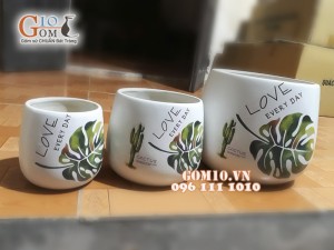 Bộ 3 chậu cây đáy thon vẽ lá