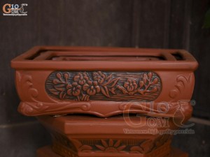 Bộ 3 chậu gốm chữ nhật khắc hoa nổi, 42x32cm