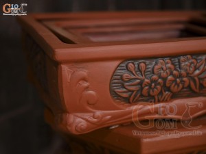Bộ 3 chậu gốm chữ nhật khắc hoa nổi, 42x32cm