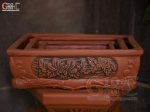 Bộ 3 chậu gốm chữ nhật khắc hoa nổi, 42x32cm