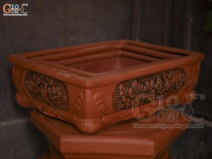 Bộ 3 chậu gốm chữ nhật khắc hoa nổi, 42x32cm