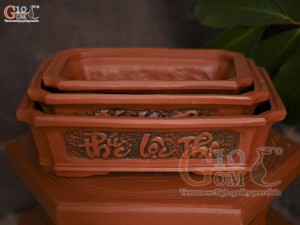 Bộ 3 chậu gốm chữ nhật khắc nổi Phúc Lộc Thọ, 31x23cm