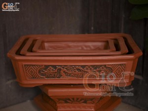 Bộ 3 chậu gốm chữ nhật khắc nổi Phúc Lộc Thọ, 50x37cm