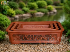 Bộ 3 chậu gốm chữ nhật khắc nổi Phúc Lộc Thọ, 50x37cm