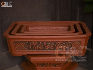 Bộ 3 chậu gốm chữ nhật khắc nổi Phúc Lộc Thọ, 50x37cm